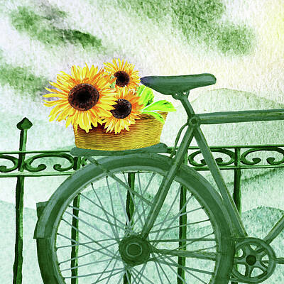 Sunflowers Royalty-Free and Rights-Managed Images - Teal Green Vintage Bicycle With Basket Of Sunflowers Watercolor  by Irina Sztukowski