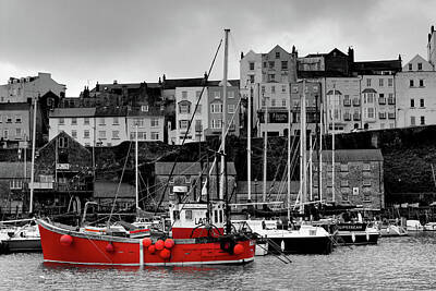 Vintage College Subway Signs - Tenby Harbour Red Boat BW Red by Jeremy Hayden