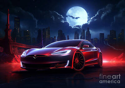 Sports Drawings - Tesla Model S and Moon Sport Car Electric Majesty by Destiney Sullivan