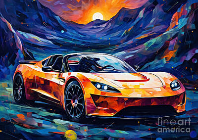 Mountain Drawings - Tesla Roadster Abstract Expressionism Redefined in Sport Car Innovation by Lowell Harann