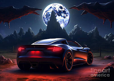 Drawings Rights Managed Images - Tesla Roadster and Moon Electric Elegance under the Lunar Light Royalty-Free Image by Destiney Sullivan