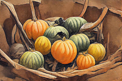 Surrealism Paintings - Thanksgiving      Ripe  Pumpkins  in  the  harvest  box.  Illu  0c645563645563d2ee  bb043f  645ec5   by Celestial Images