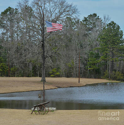 Stock Photography Rights Managed Images - The American Flag and Military Canon in front of a pond in the countryside of Berea, Texas Royalty-Free Image by Norm Lane