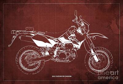 Drawings Royalty Free Images - The art of 2021 Suzuki DR-Z400SM Blueprint,Red Background,Drawspots,Gift Ideas for Bikers Royalty-Free Image by Drawspots Illustrations