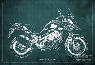 Drawings Rights Managed Images - The art of 2021 Suzuki V-Strom 650XT Blueprint,Green Background,Gift Ideas for Bikers Royalty-Free Image by Drawspots Illustrations