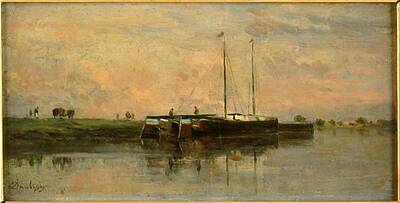 Impressionism Mixed Media - The Barges In Bezons by Charles-Francois Daubigny