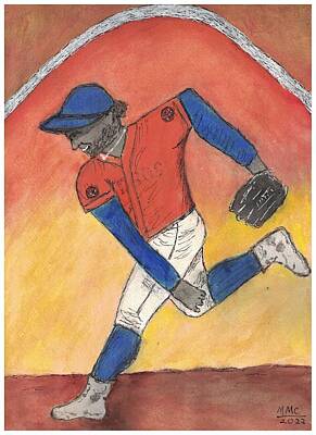 Sports Drawings - The Baseball Pitcher by Mary M Collins
