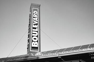 Beer Royalty Free Images - The Boulevard Smokestack At Kauffman Stadium - Black and White Royalty-Free Image by Gregory Ballos