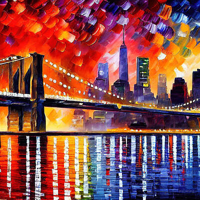 Cities Paintings - The Brooklyn bridge at Night, 02 by AM FineArtPrints