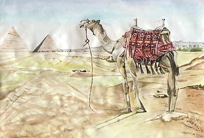 Landscapes Drawings - The Camel and the Pyramids by Ali Jenab