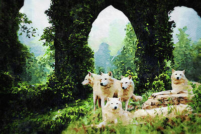 Fantasy Mixed Media - The Castle Guard- White Wolves Wildlife Watercolor by Shelli Fitzpatrick
