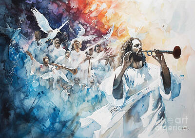 Music Paintings - The Celestial Symphony Jesus orchestrating a celestial symphony of divine grace. by Eldre Delvie