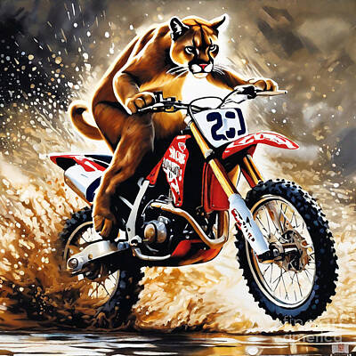 Animals Drawings - The Cougar on a Motorcycle by Clint McLaughlin