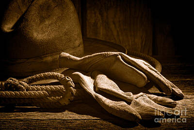 Landmarks Royalty-Free and Rights-Managed Images - The Cowboy Gloves and Hat - Sepia by American West Legend