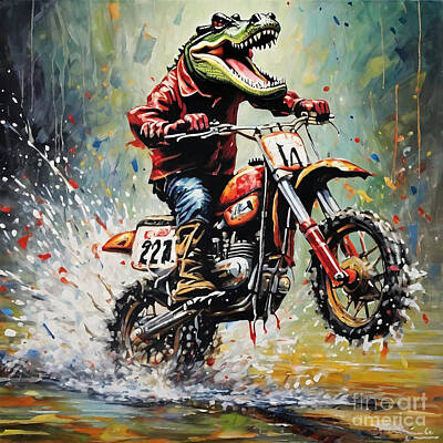 Reptiles Drawings - The Crocodile Racing on a Motorcycle by Clint McLaughlin