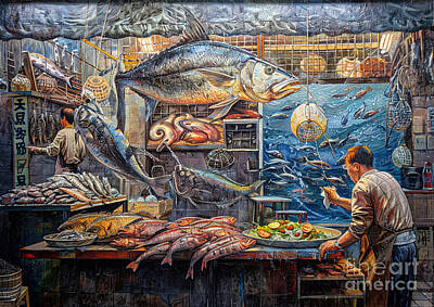 Food And Beverage Drawings - The Fish Market The bounty of the sea on display by Donato Williamson