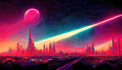 Science Fiction Paintings - The Galactic City, 01 by AM FineArtPrints