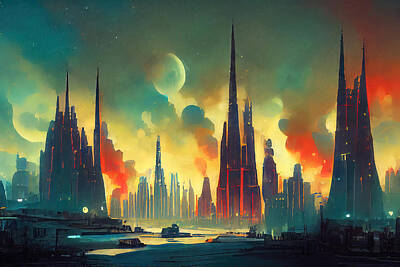 Science Fiction Paintings - The Galactic City, 09 by AM FineArtPrints