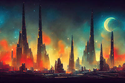 Science Fiction Paintings - The Galactic City, 10 by AM FineArtPrints