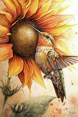 Sunflowers Paintings - The Hummingbird And The Sunflower by Tina LeCour