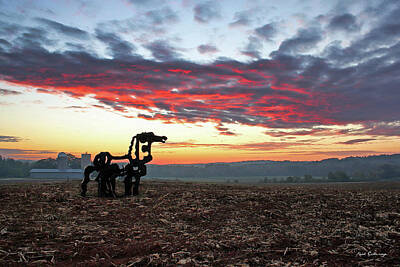 Just In The Nick Of Time - The Iron Horse Red Dawn Plowed Field Sunrise Winter Agricultural Farming Art  by Reid Callaway