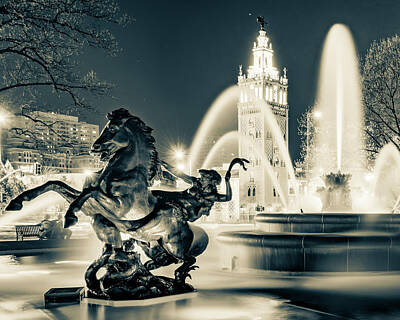 Grateful Dead Royalty Free Images - The JC Nichols Fountain in Sepia and Giralda Tower - Kansas City Plaza Royalty-Free Image by Gregory Ballos