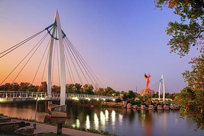 Royalty-Free and Rights-Managed Images - The Keeper Of The Plains And Suspension Bridges At Dusk - Wichita Kansas by Gregory Ballos