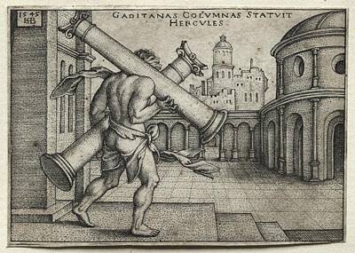 The Masters Romance - The Labors of Hercules Hercules Carrying the Columns of Gades 1545 Hans Sebald Beham German 1500 by Arpina Shop