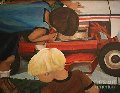Mother And Child Paintings - The Mower Needs Fixing by Dr Debra Stewart