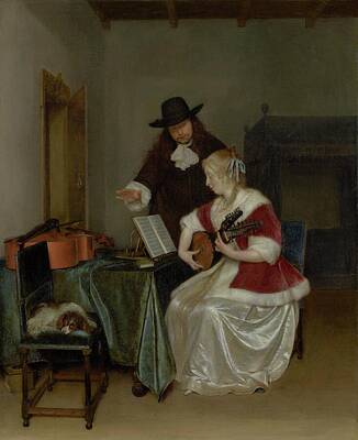 Longhorn Paintings - The Music Lesson about 1668 Gerard ter Borch by MotionAge Designs