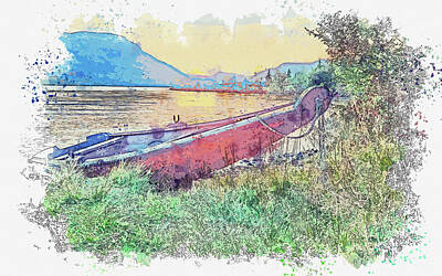 Abstract Skyline Paintings - .The old wooden boat by the lake. by Celestial Images