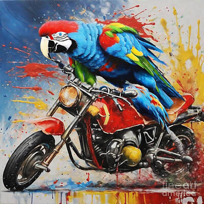 Birds Drawings Royalty Free Images - The Parrot Speeding on a Motorcycle Royalty-Free Image by Clint McLaughlin