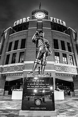 Baseball Royalty Free Images - The Player In Front Of Denver Baseball Ballpark Stadium Ballpark - Black And White Royalty-Free Image by Gregory Ballos