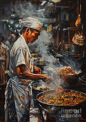 Food And Beverage Paintings - The preparation of street food by Donato Williamson