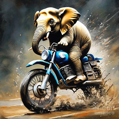 Animals Drawings - The Pygmy Elephant Racing on a Motorcycle by Clint McLaughlin