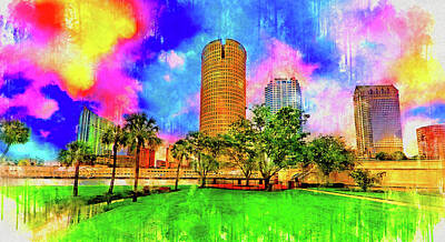Recently Sold - City Scenes Digital Art - The Rivergate Tower seen from the Plant Park in Tampa at sunrise - watercolor ink by Nicko Prints