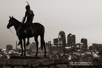 Garden Signs - The Scout and the Kansas City Skyline at Dawn - Sepia by Gregory Ballos