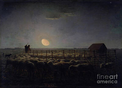 Ballerina Rights Managed Images - The Sheepfold, Moonlight 1860 - Millet Royalty-Free Image by Jean-Francois Millet