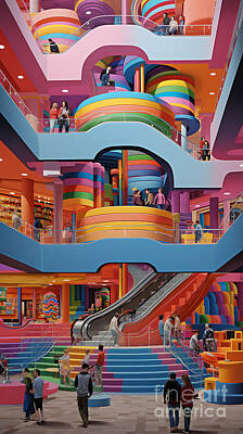 Surrealism Paintings - the shopping mall is sitting with many people by Asar Studios by Celestial Images