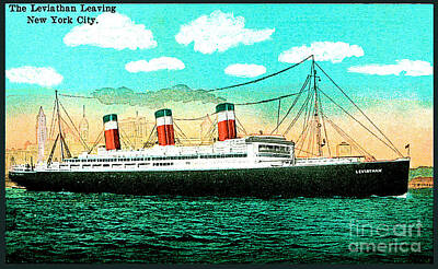 City Scenes Paintings - The SS Leviathan Leaving New York City 1928 Postcard by Unknown