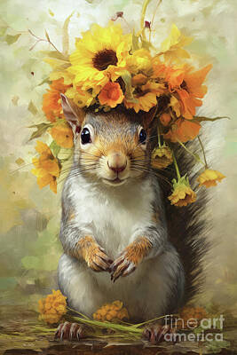 Sunflowers Paintings - The Sunflower Squirrel by Tina LeCour
