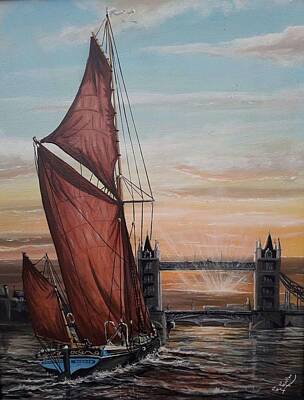Textured Letters - Thmes Sailing Barge Dannebrog heading towards Tower Bridge London by Mackenzie Moulton