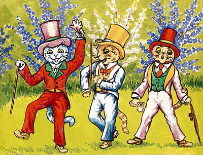 Mammals Drawings - Three Cats Dancing And Singing By Louis Wain by Louis Wain
