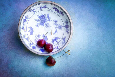 Still Life Royalty-Free and Rights-Managed Images - Three Cherries And Bowl Textured Photograph by Ann Powell