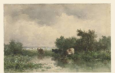 Sultry Plants Rights Managed Images - Three cows on a lake, Willem Roelofs I, 1832 - 1897 Royalty-Free Image by Artistic Rifki