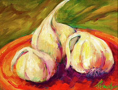 Food And Beverage Paintings - Three Garlic by Jean Groberg
