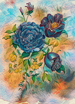 Roses Mixed Media - Three Roses Teal, Amber and Pink by Linda Brody