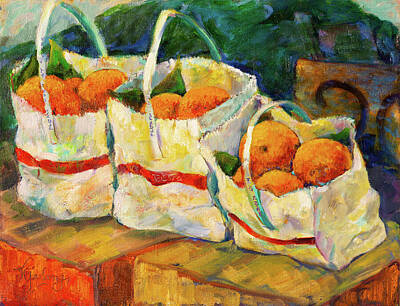 Food And Beverage Paintings - Three Sacks of Oranges by Jean Groberg