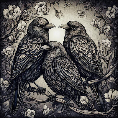 Fantasy Digital Art - Three Sparrows by Robert Knight