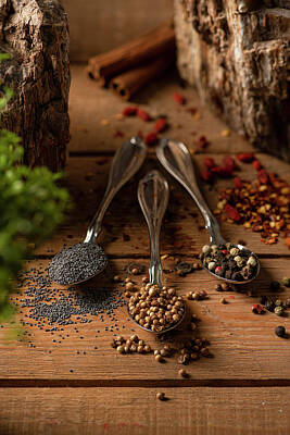 Lets Be Frank - Three spoons with Poppy seeds, Coriander and Pepper mix on a wooden surface by Nick Paschalis